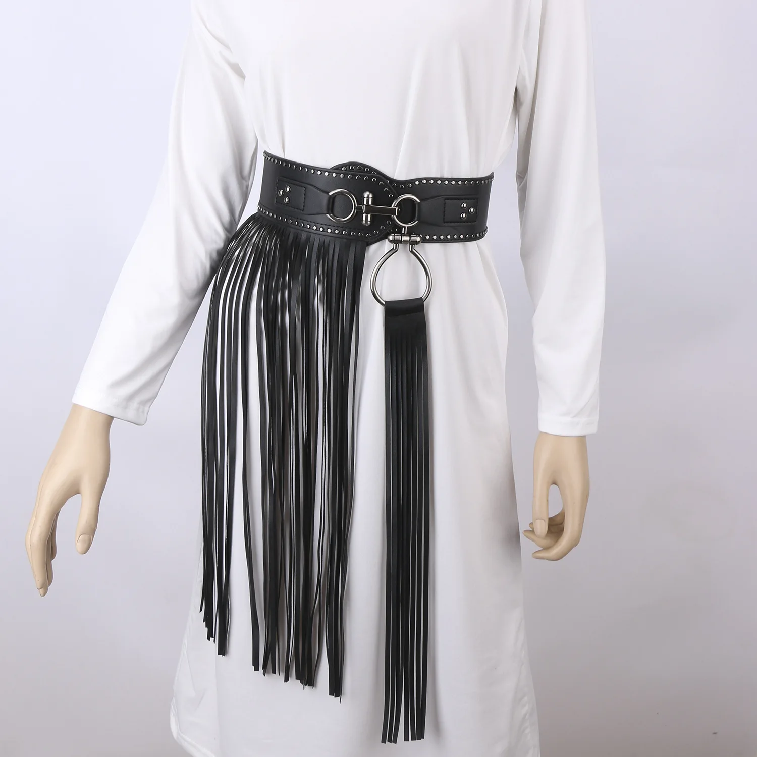 

2023Punk belt Metal rivet decorative wide belt elastic elastic waist seal half fringe waist skirt plus size