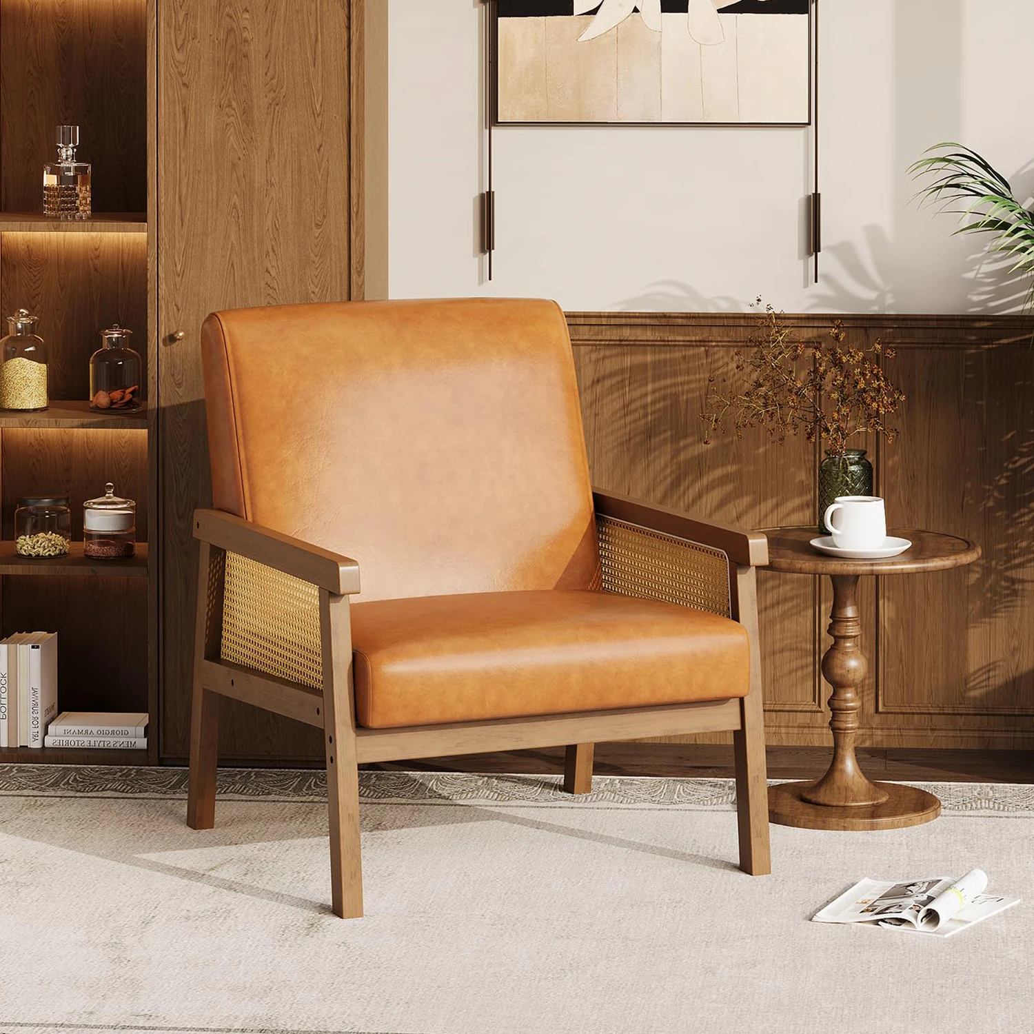 PU Leather Accent Chair With Rattan Arms, Wood Frame High Back Reading Chair, Boho Lounge Chair For Living Room Bedroom