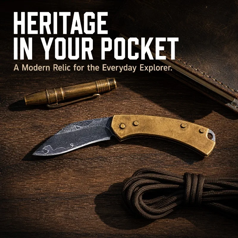 Lightweight EDC High Hardness Damascus Steel Keychain Mini Folding Pocket Knife with Durable Vintage Brass Solid Handle Outdoor