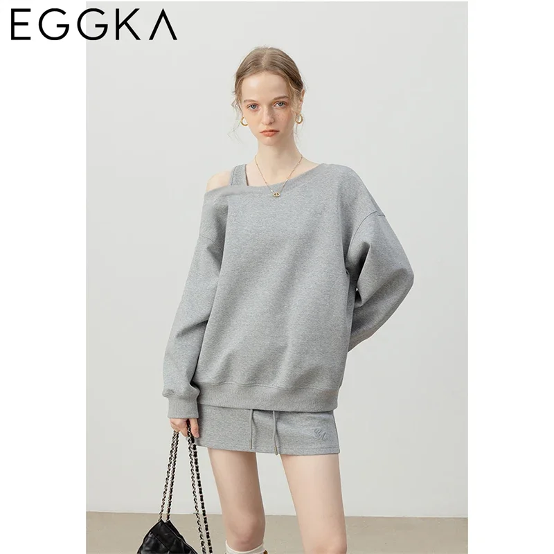 EGGKA Loose Solid Long-sleeved Strapless Sweatshirts Women\'s Drawstring Sport Mini Skirt Korean Fashion Autumn Casual Suit Gray