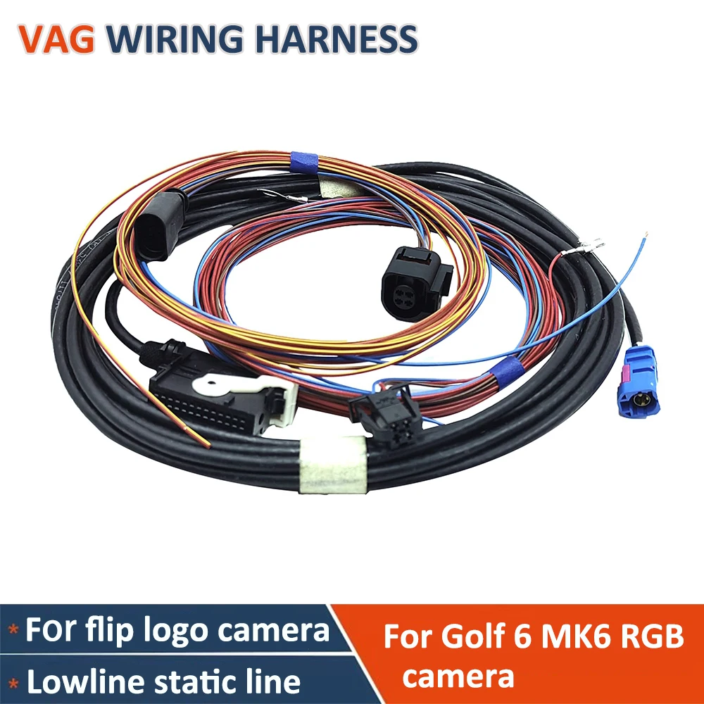 For VW Golf 6 MK6 RGB Rear View Reversing Camera Cable Wiring Flip RVC Badge Camera Harness