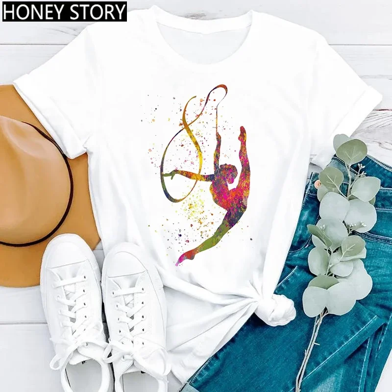 Gimnastyka baleriny tancerz T Shirt akwarela gimnastyczna tancerka baletowa koszulka z nadrukiem damskie koszulki z nadrukami estetyczne ubrania