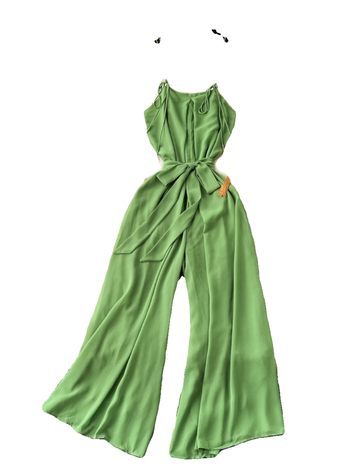 Moda donna verde senza maniche tute temperamento nappa fasciatura Spaghetti Strap pantaloni gamba larga tute da spiaggia per il tempo libero