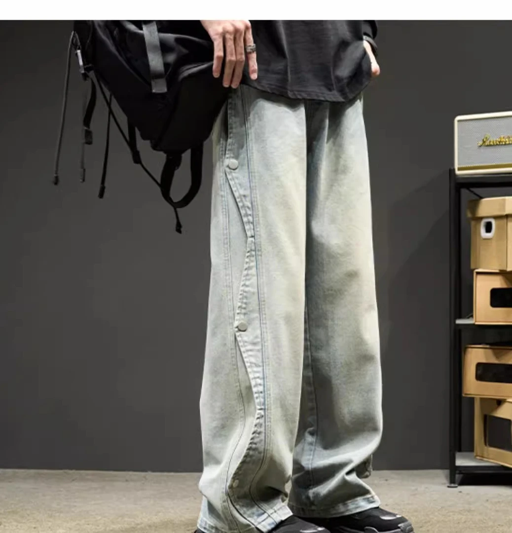 Spring and Autumn New Blue Loose Wide-Leg Straight Pants American High Street Black Patchwork Workwear High-Waist Denim Pants