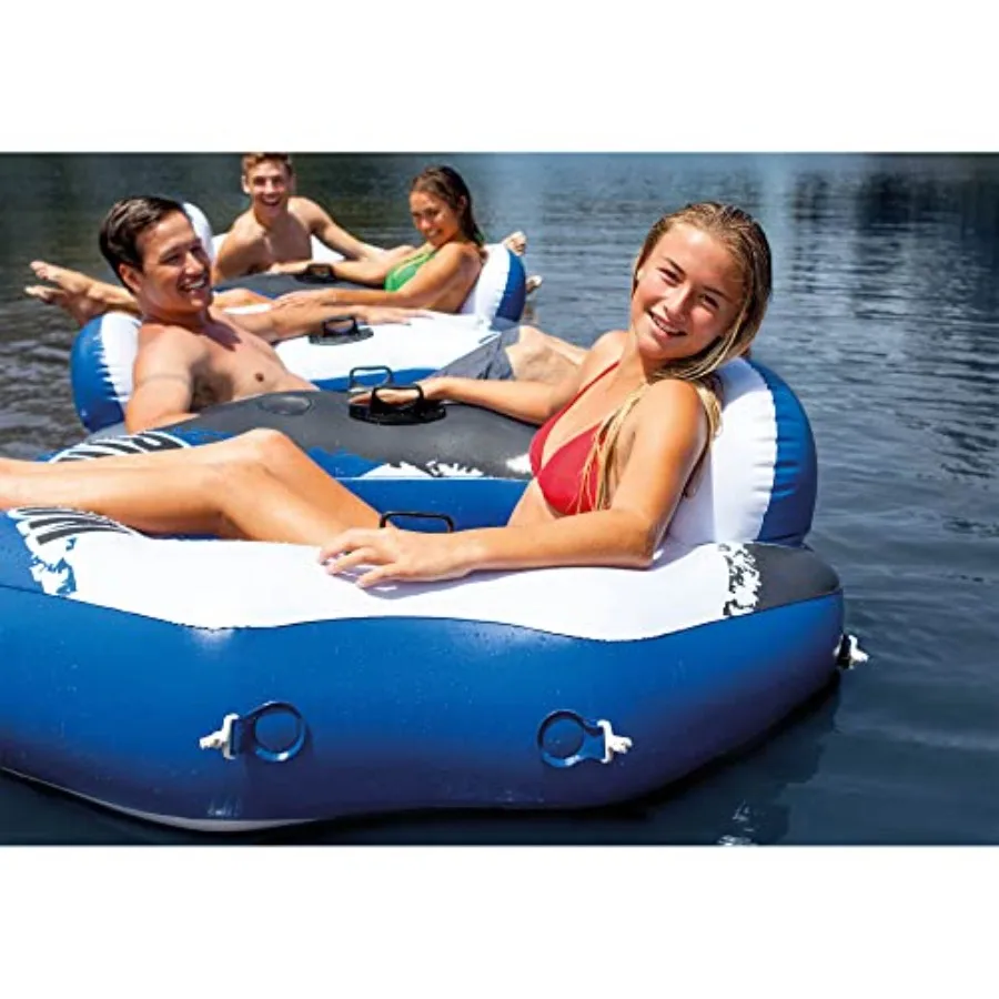 River Run single-person inflatable lounge tube chair for river floating, PVC material, blue color, mesh bottom, backrest, and b