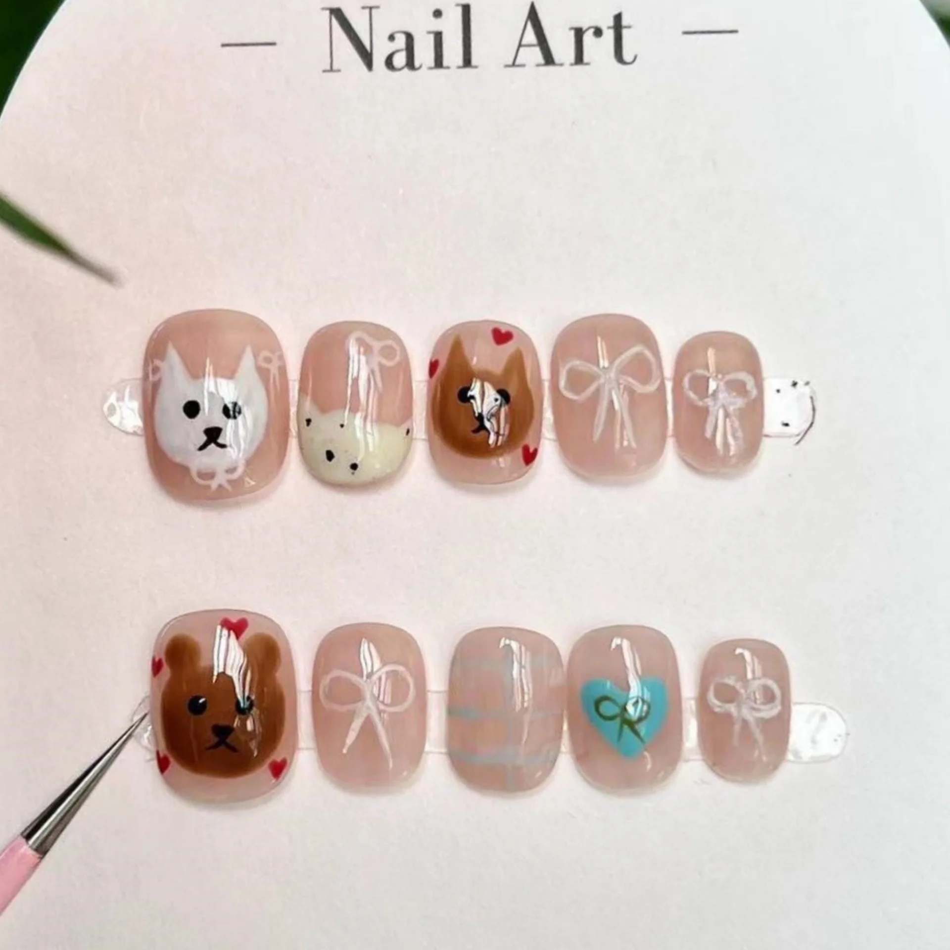 

10pcs Cute Short Handmade Press on Nails Sets Bow Design Square Round Fake Nail Art Wearable Cat Love Pattern False Nails Tips