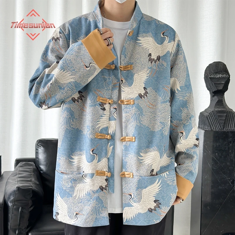 

Chinese Style Men's Retro Buckle Tang Suit Loose Jacket Crane Oversized hanfu Layman Chinese Standing Collar Zhong Shan Suit