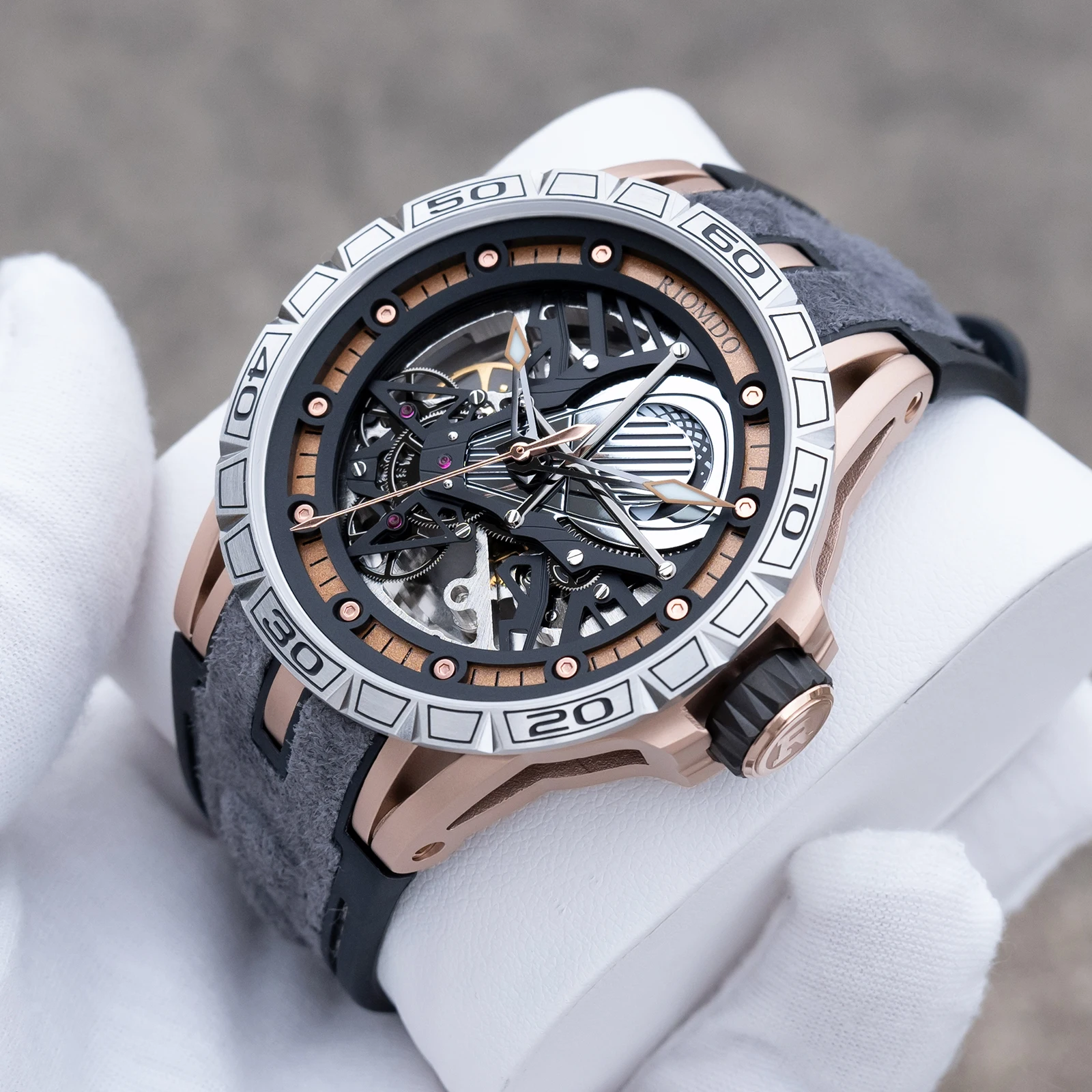 

OBLVLO Men's Two Tone Big Skeleton Dial Mechanical Automatic Watch Luminous Waterproof Rubber Band Machinery Clock RD-903