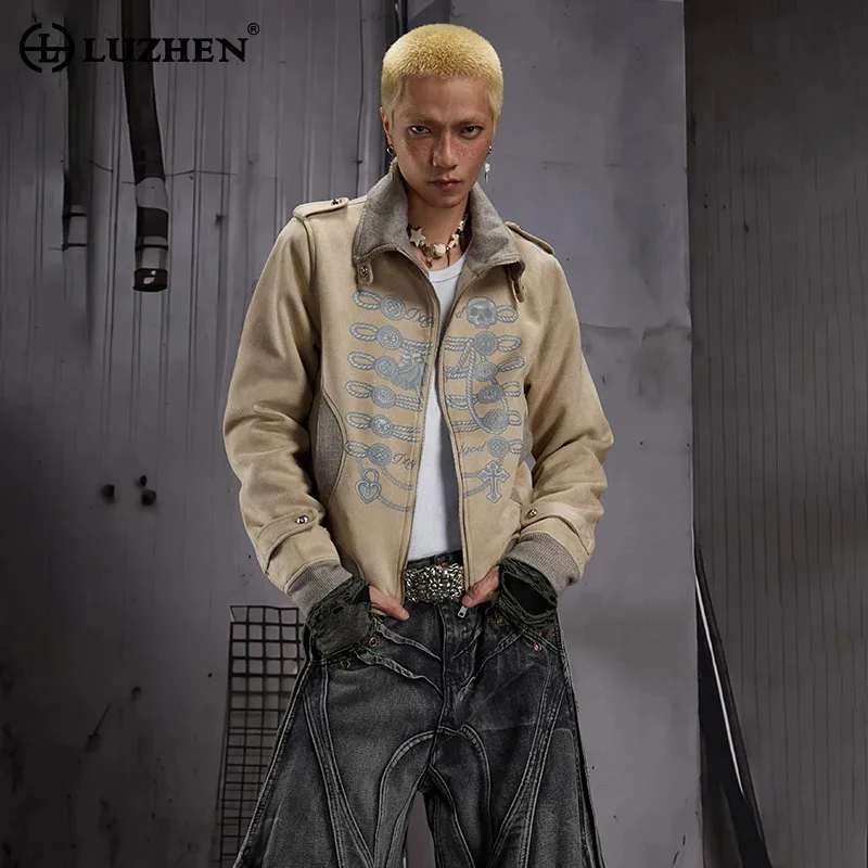 LUZHEN 2026 New Trendy Printed Line Pattern Short Casual Jacket Men's Handsome High Quality Stand Neck Women Coat Clothes JY9097