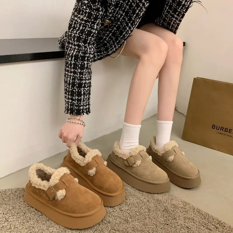 2024 new winter retro fur boken shoes women plus velvet bean shoes lazy platform slip-on warm cotton shoes