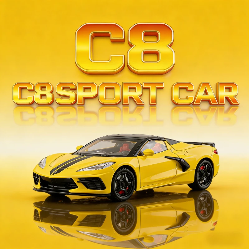 

Модель спортивного автомобиля C8 Stingray 1:22, литая под давлением, из сплава, с функциями звука и света, коллекционная, подарок для хобби-коллекционеров