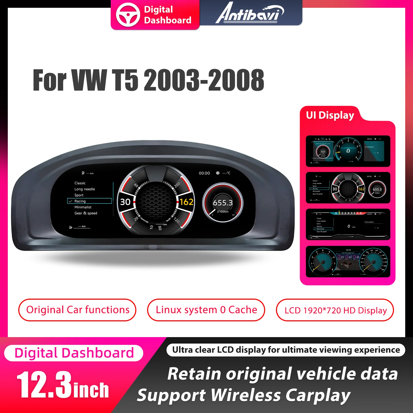 Tableau de bord numérique pour VW T5 2003-2008, panneau d'instruments, cockpit virtuel, compteur de vitesse