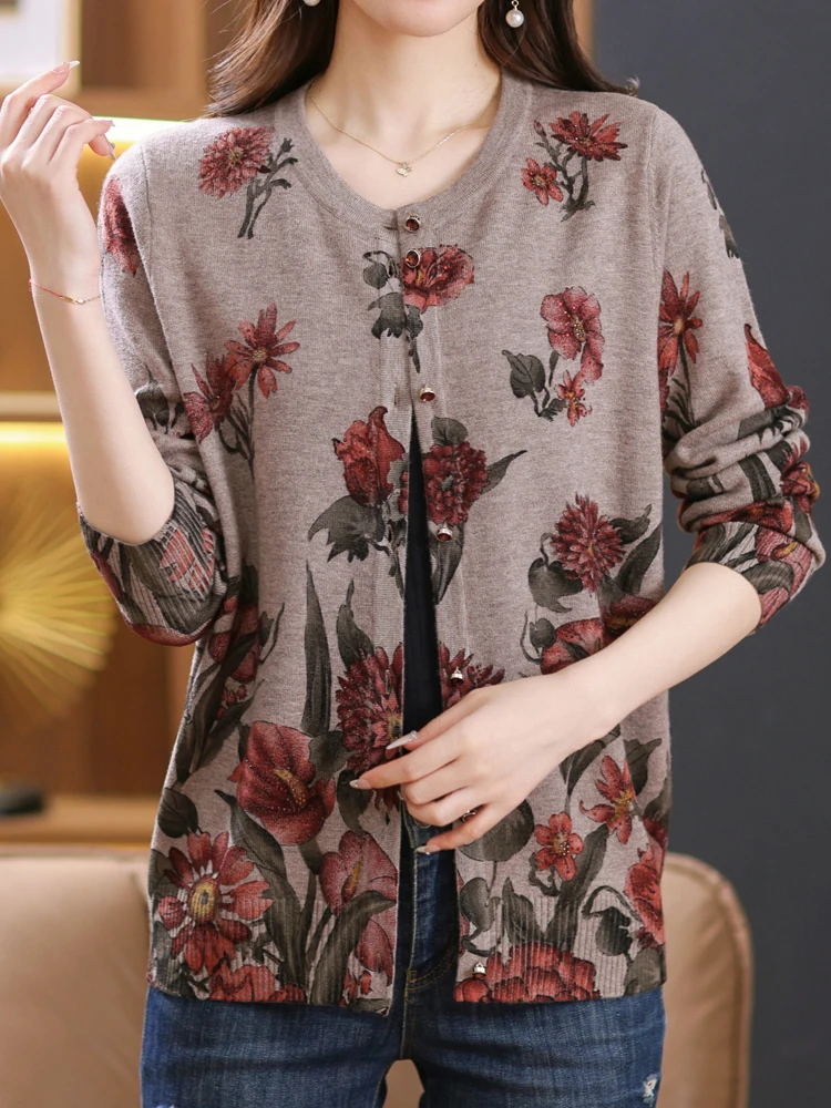 

Floral Print Female Cardigan Autumn Spring Knitted Women Sweaters Korean Fashion Long Sleeve Tops Cardigans