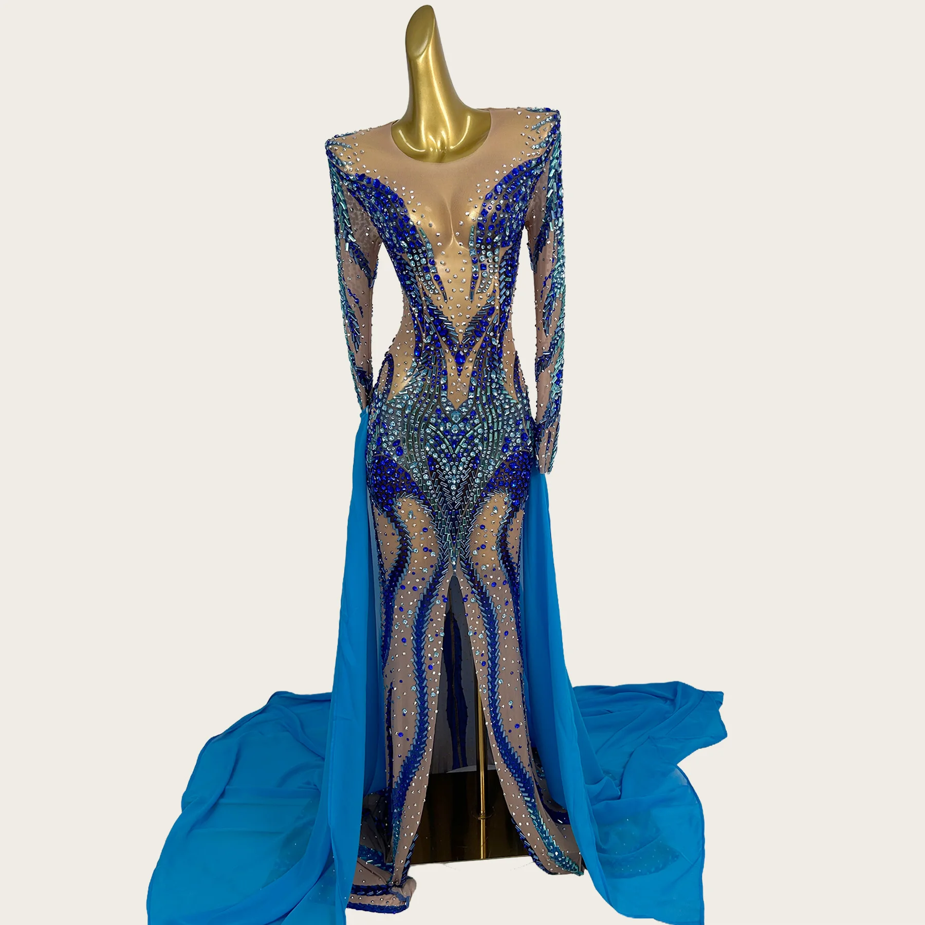 Luxury Blue Rhinestone Sheer Mesh Gown Detachable Train Elegant Long Sleeve Formal Evening Gown Special Occasions Outfit Kuyedie