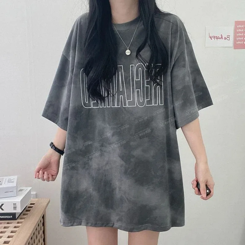 Street Trend Casual Gradient Loose T Shirt Dress Summer Large Size Women's Letter Printed Short-sleeved Medium and Long T-shirt