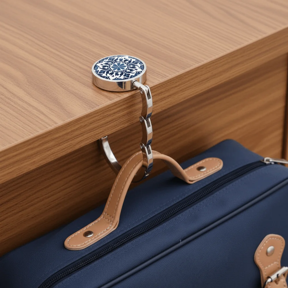 Blue-and-White Porcelain Pattern Table Handbag Hook Folding Zinc Alloy Desktop Handbag Holder Non-slip Back Round Handbag Rack