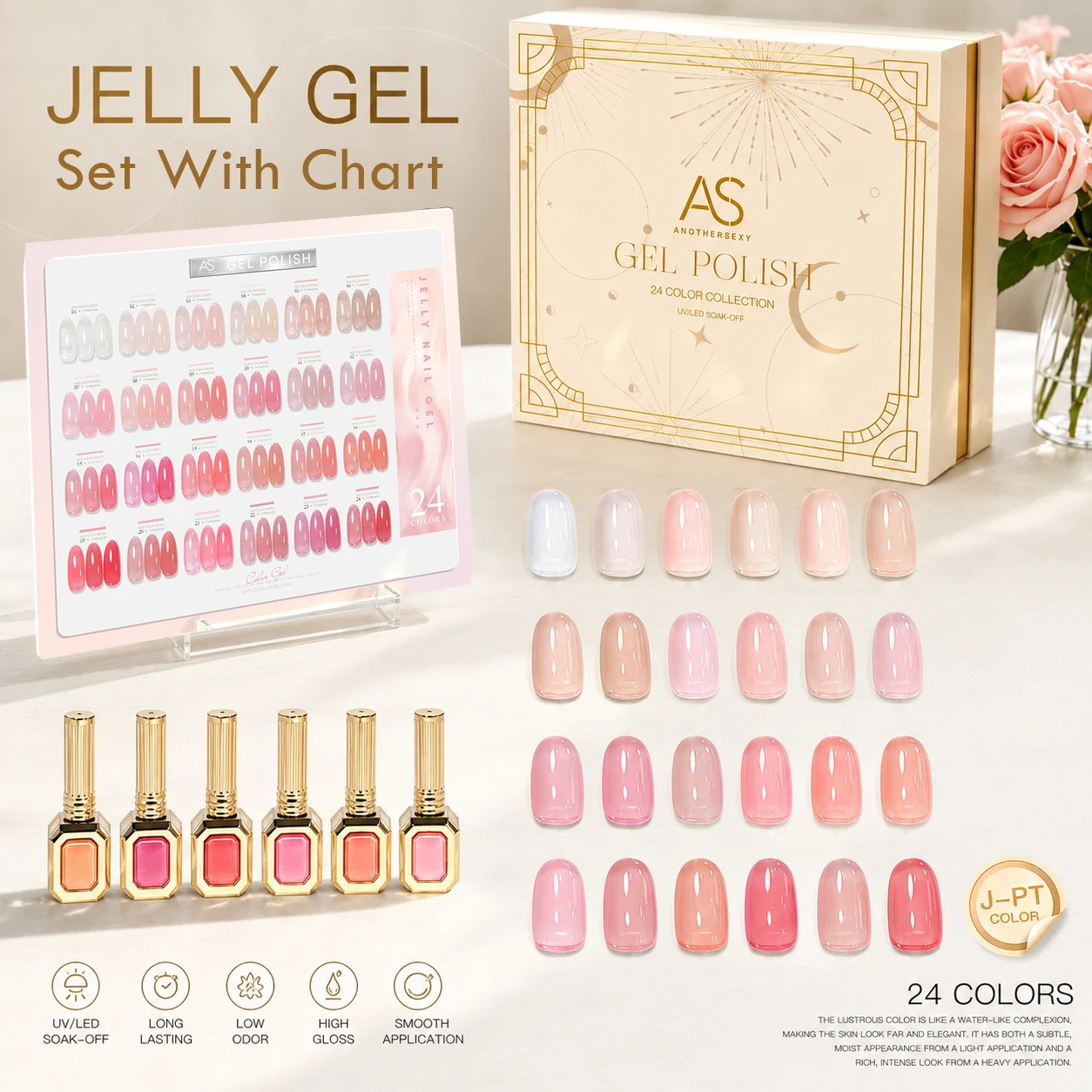 Luxurious Bottle 24Pcs Jelly Gel Nail Polish Set With Chart Translucent Semi Permanent Soak Off UV LED Gel Varnish Nail Supplies
