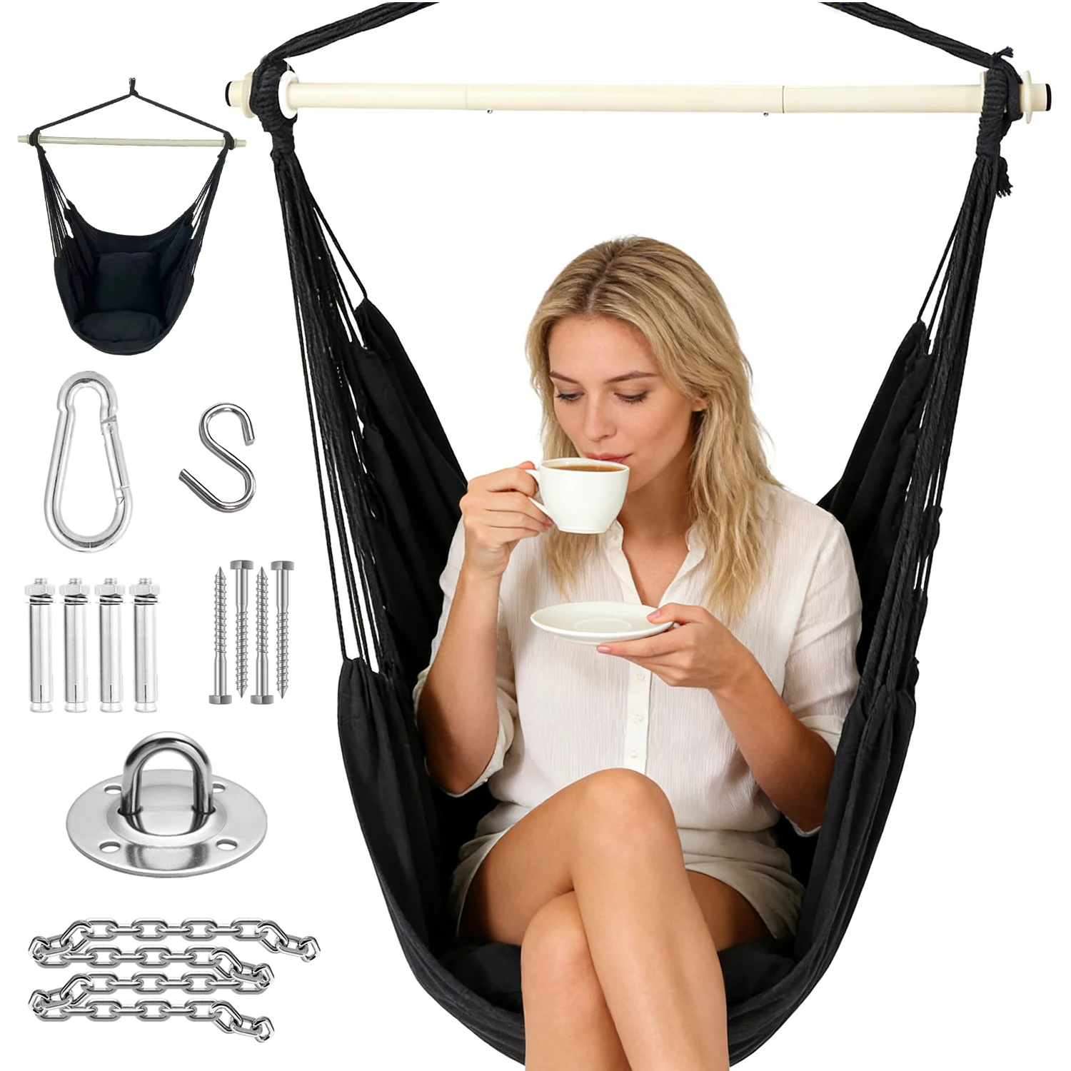 Hamac et chaise à bascule 2-en-1. Comprend les modes hamac et chaise à bascule, une capacité de charge de 204 kg, et un sac de rangement portable inclus. Une chaise suspendue pliante polyvalente pour l'intérieur et l'extérieur – Un cadeau attentionné pour la famille et les amis.