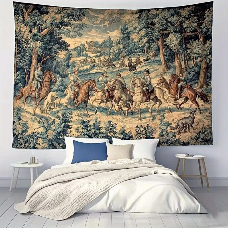 VIKAMA Vintage European Hunting Tapestry Medieval Rider Horse Forest Scene Wall Hanging Retro Home Living Room Decor