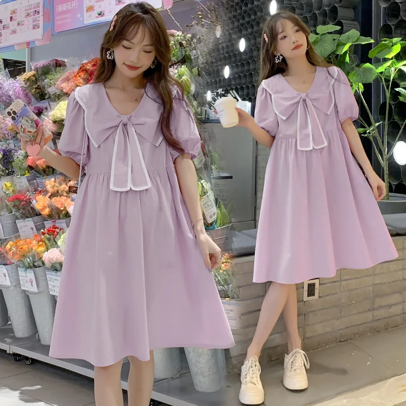 2024 Summer Maternity Dress Sweet Bow Big Lapel Clothes for Pregnant Women Fashion Short Sleeve A Line Loose Pregnancy Dresses