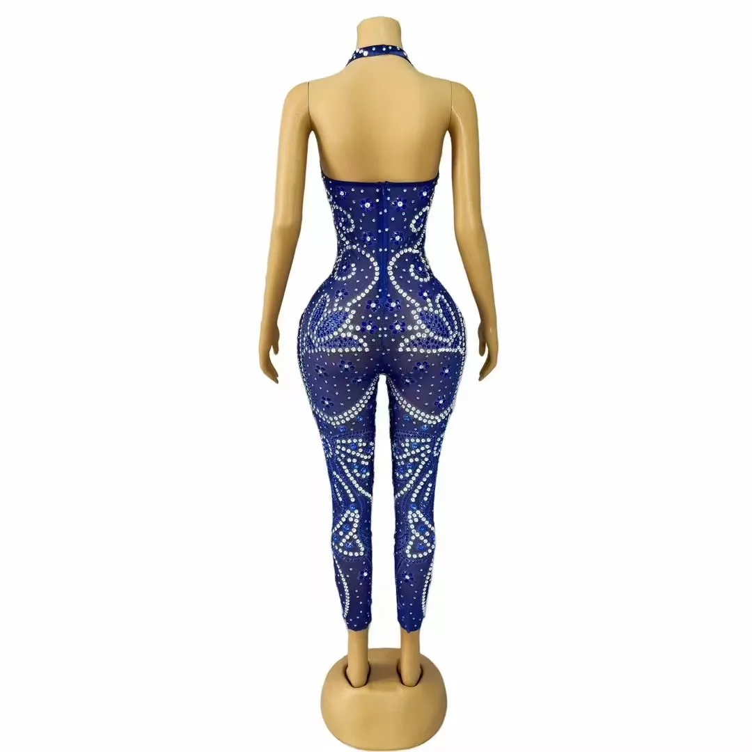 Sexy Special Perform Costumes Shining Blue Rhinestones Mesh Backless Jumpsuits Women Bar Party Singer Dancer Stretchy Bodysuit