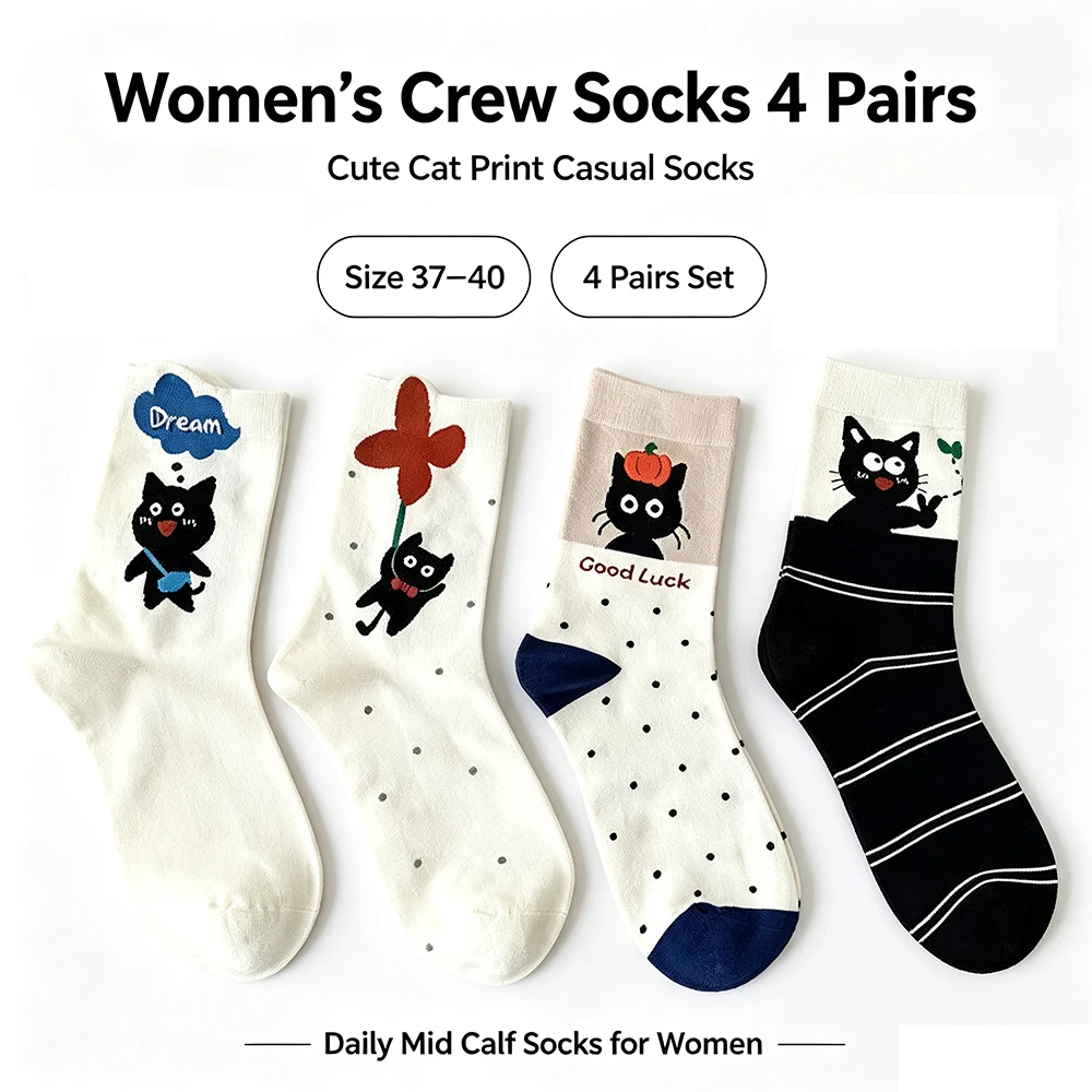4 Paar Damen-Socken mit niedlichem Katzenmotiv, Cartoon-Druck, weich, modisch, lässig, atmungsaktiv, Alltagssocken für Damen, Größe 37–40