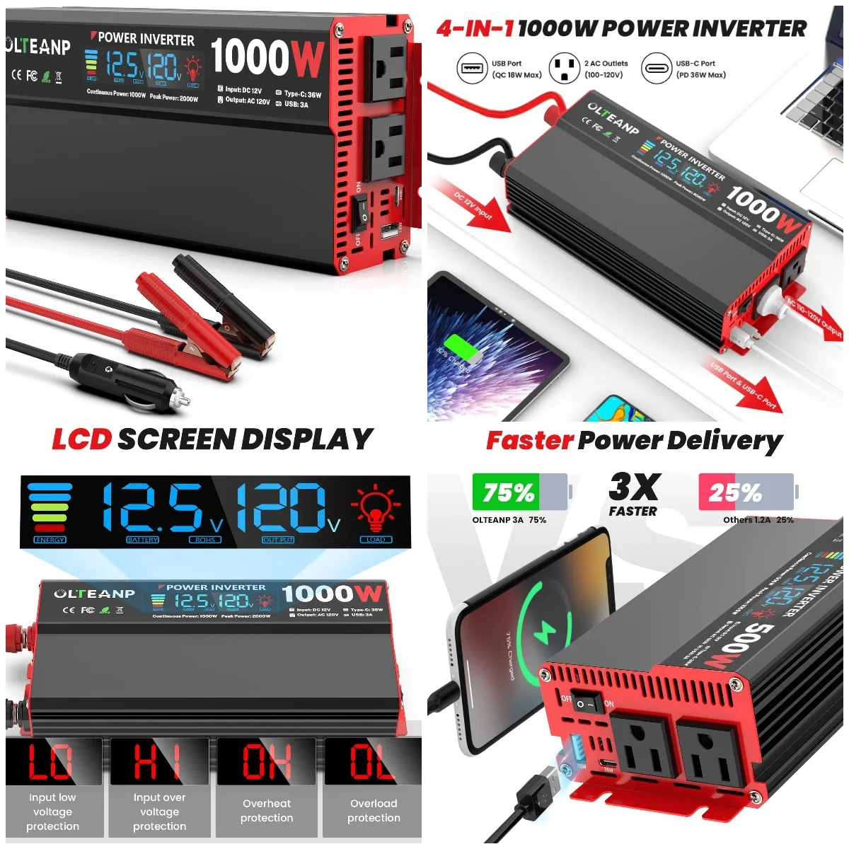 

1000W 12V to 110V AC Inverter with LCD, 2 AC Outlets, USB & Type-C Ports for Car, Truck, Home