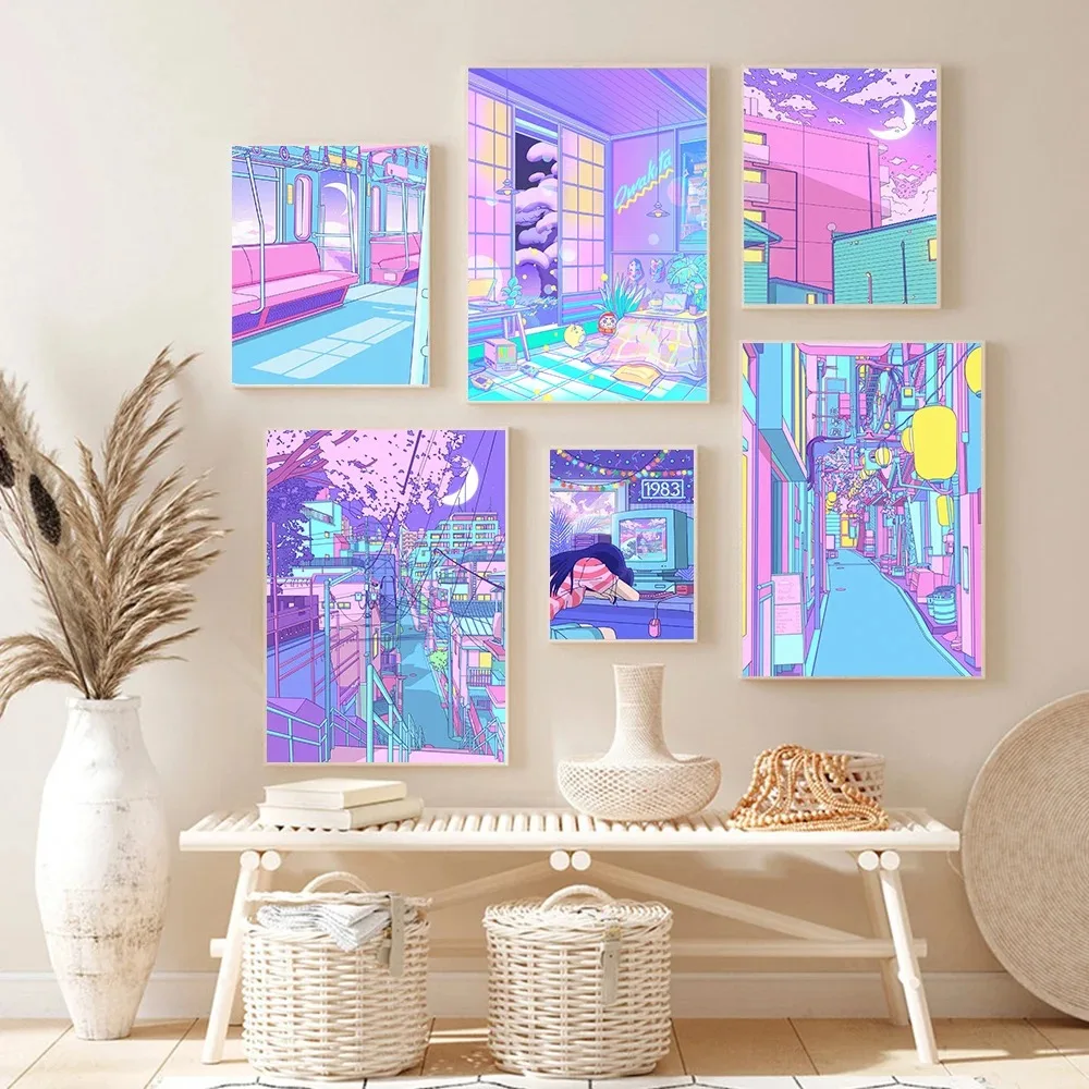 ملصقات قماش Vaporwave الشارع من مدينة النيون ، ديكور أنيمي ياباني ، لوحة ، طباعة فنية على الحائط ، ديكور غرفة الأطفال ، كاواي ، القمر ، 80s #4