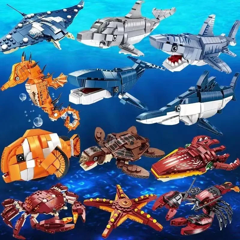 

DIY Ocean Animals Robot Deformation Building Block Creative Assembly Crab Shark Lobster Toys for Kids Adults Gift Small Particle