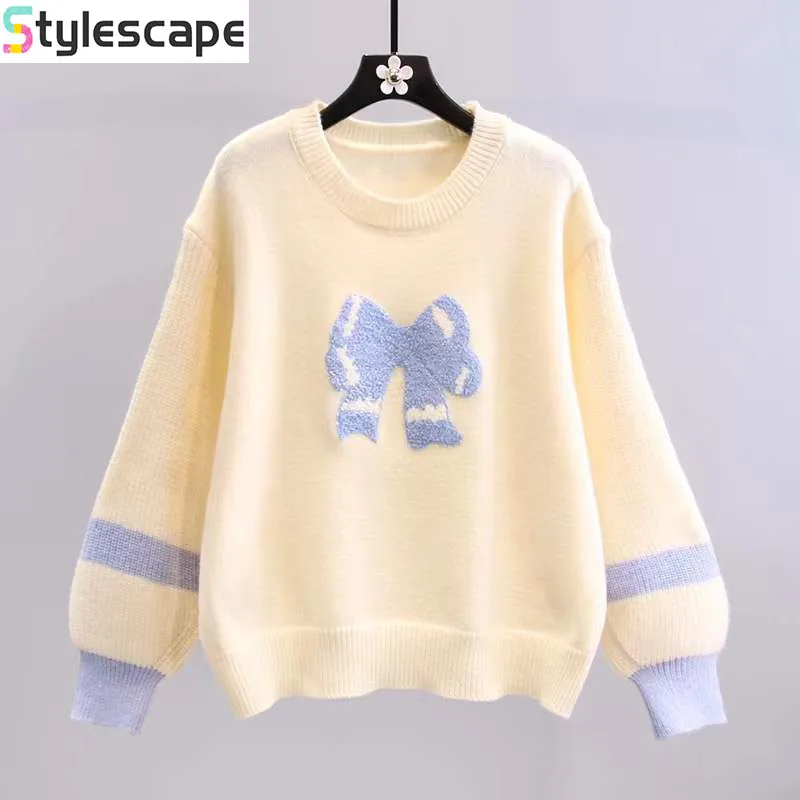 

College Bow Pullover Sweater for Women's Autumn and Winter 2024 New Korean Version Lazy Style Loose Western Style Knitted Top