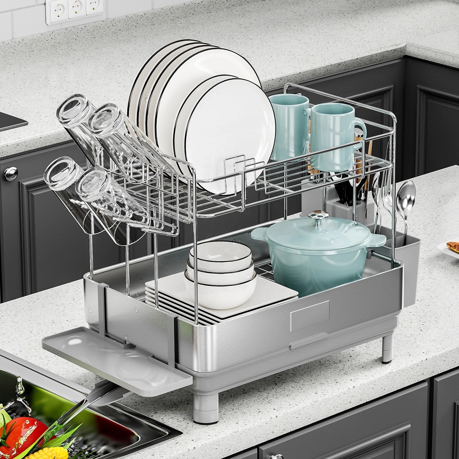 

Кухонная столешница, чаша для посуды, чашки, ложка, полка для слива, стеллаж для хранения посуды, органайзер с подстаканником