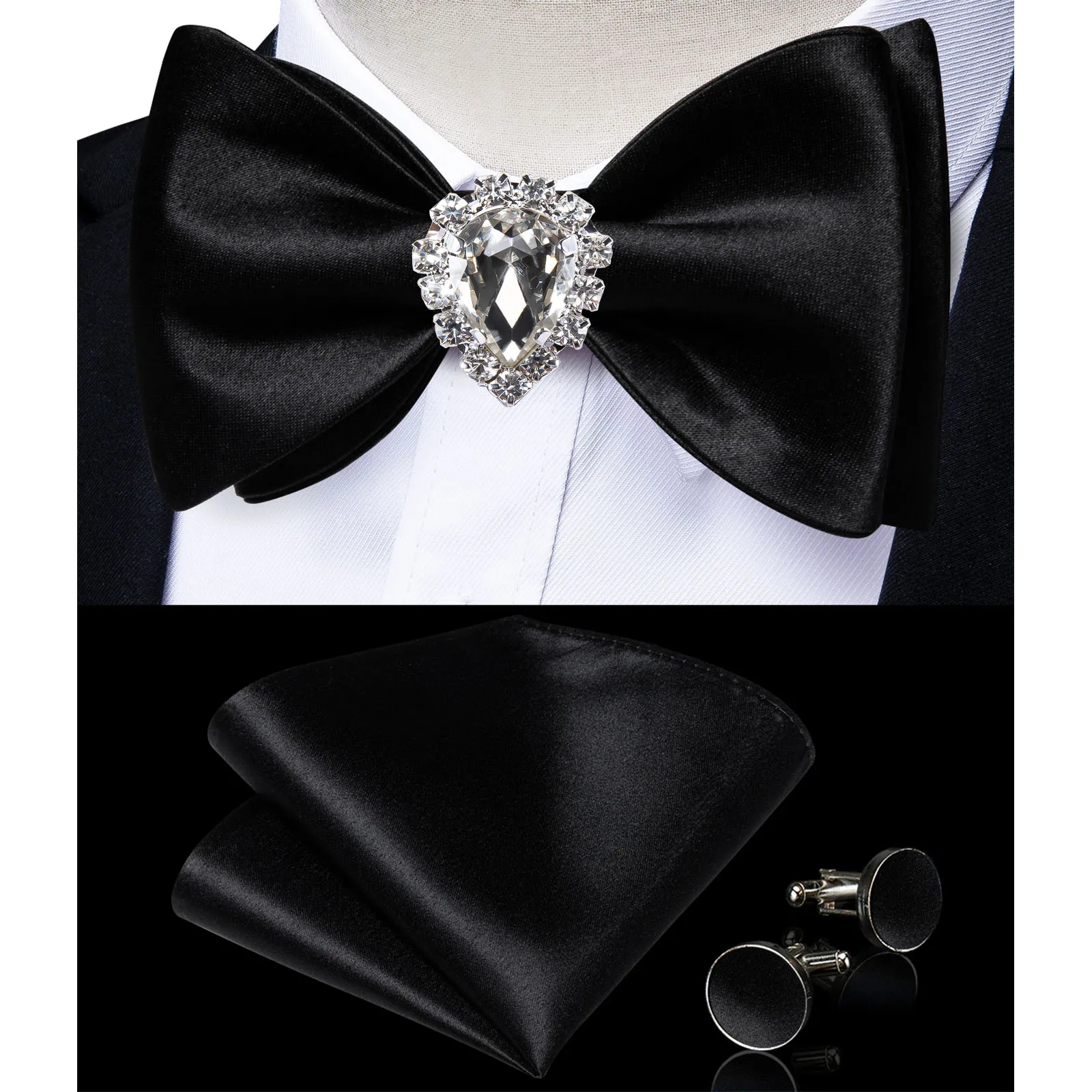Modisches Selbstbindendes Fliege-Set mit Einstecktuch, Manschettenknöpfen und Ring, 4-teilig, Klassisch Schwarz, Einfarbig, Herren-Fliege mit Schmetterlingsknoten für Hochzeiten – Detail 3