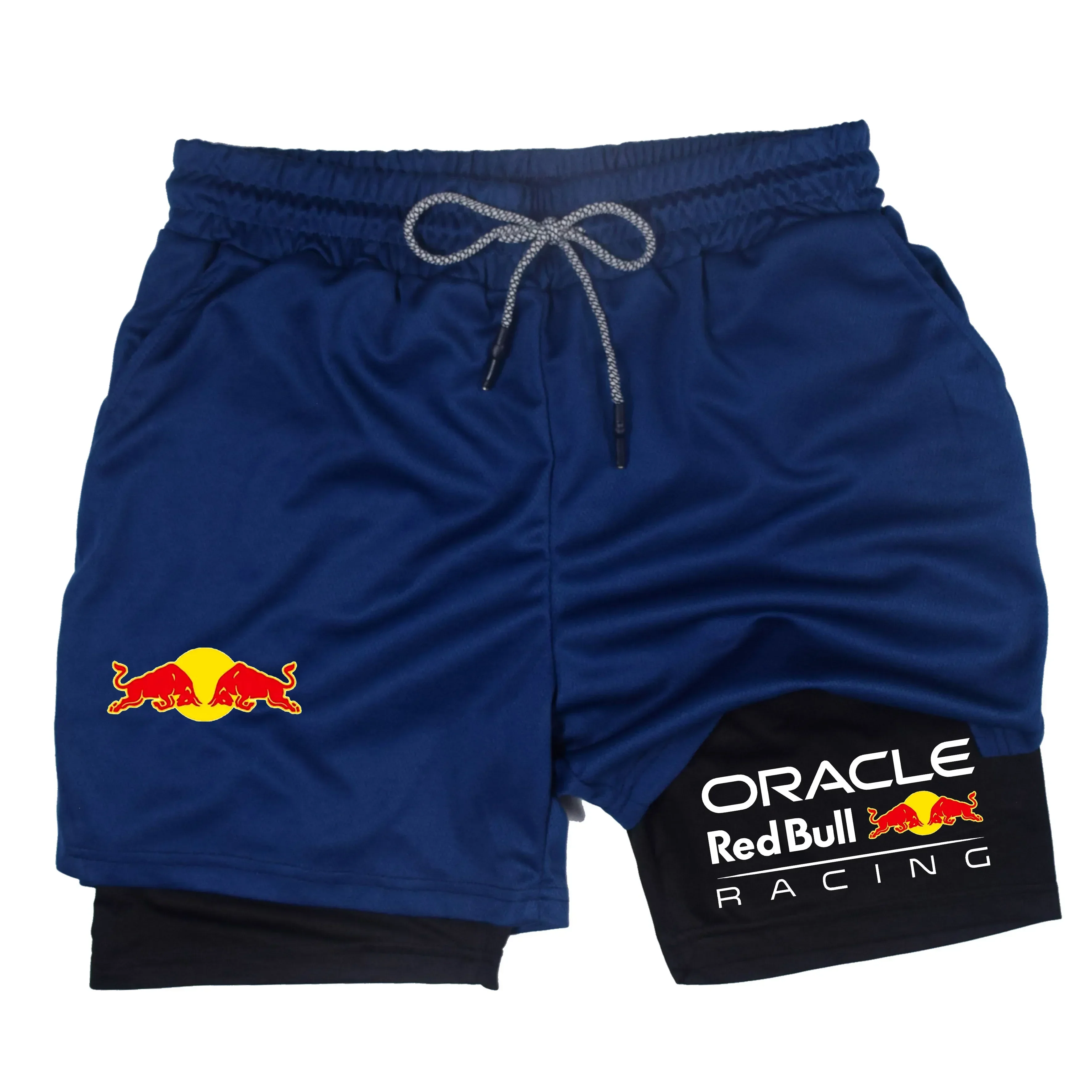 Шорты Red Bull 2025 года и мужские узкие шорты для бега «два в одном» с чехлом для телефона для летних спортивных брюк