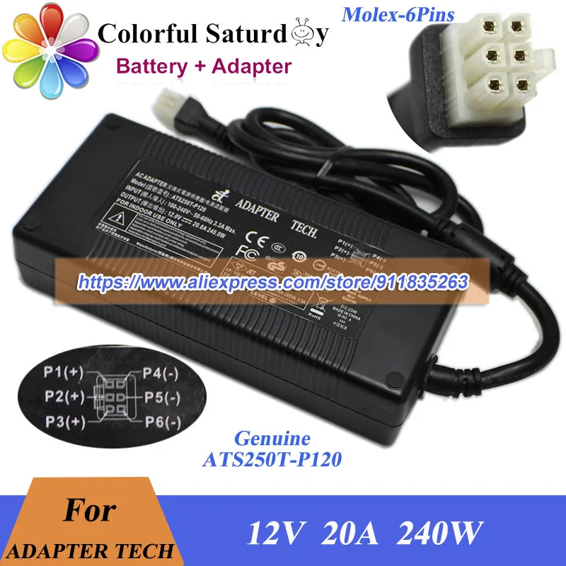 Genuine for Adapter Tech ATS250PT-P120 AC Adapter 12V 20A 240W Power Supply with Molex 6Pins Charger