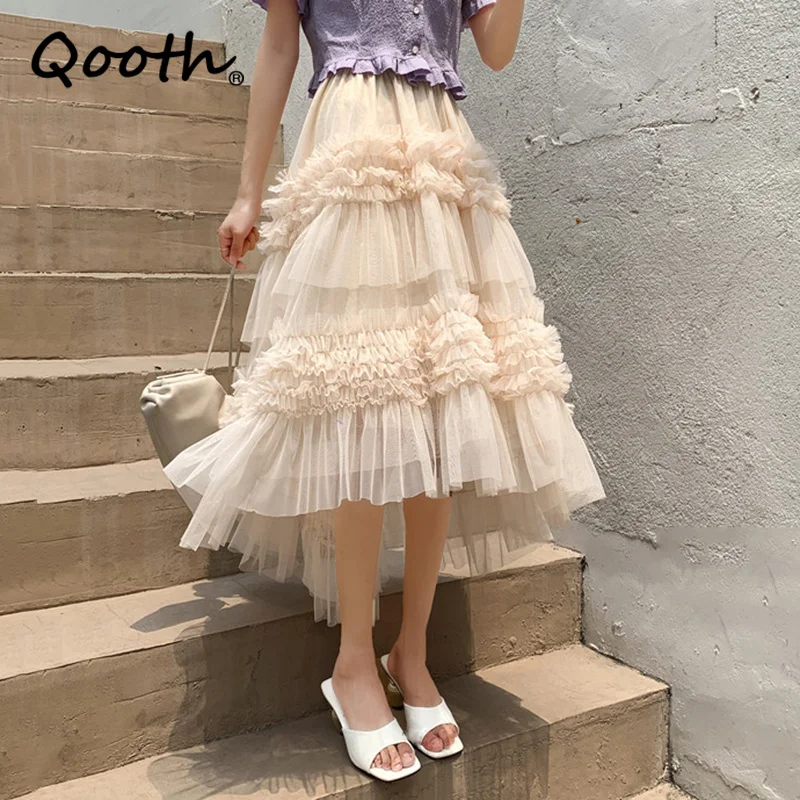 Fashion Princess Lace Ruffles Mesh Skirt Sweet Ladies Girl Midi Ball Gown Tulle Skirt QT2311