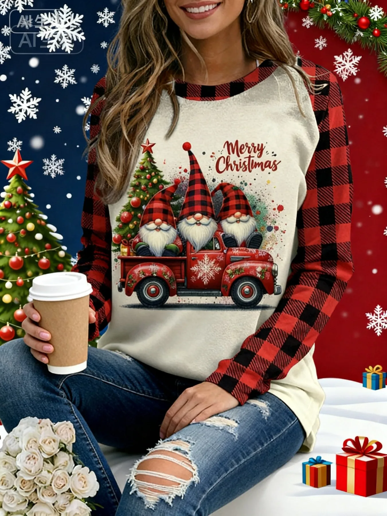 Plus Size Women Christmas Gnome Truck Print Long Sleeve T Shirt, Plaid Raglan Splice Crew Neck Casual Ladies Tee