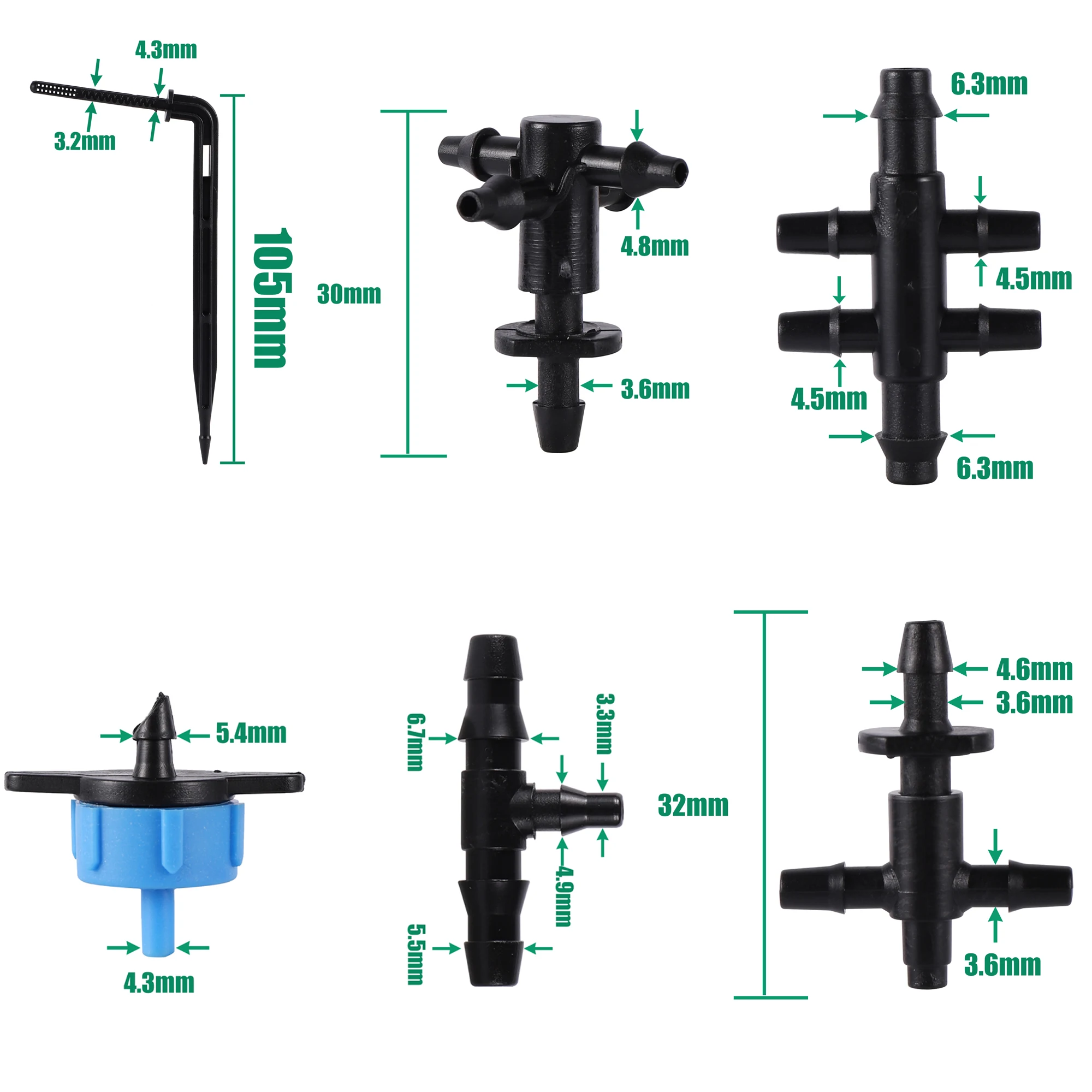 Greenhouse-Curved Arrow Drip Irrigação Set, 2L4L8LPressure Compensação Dripper, 3 5mm 4-Way 2-Way Mangueira Conector