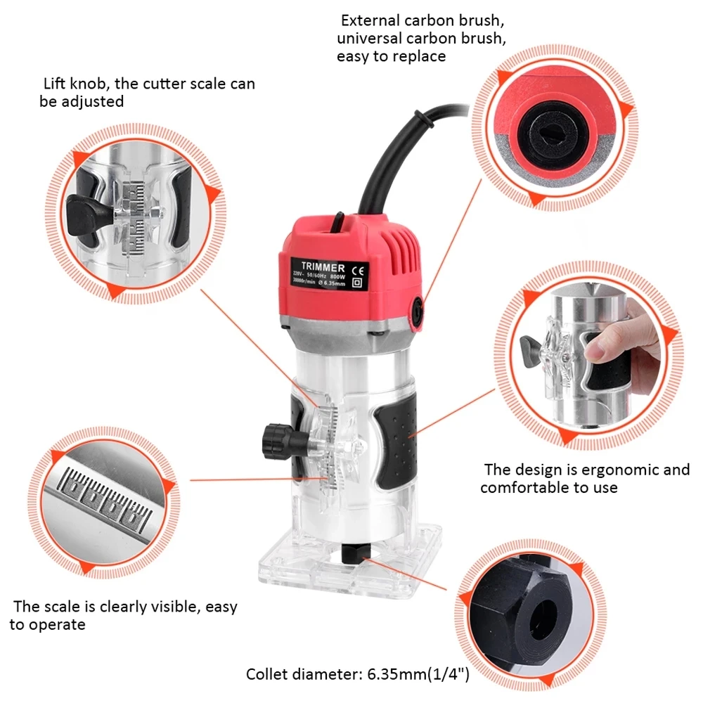 800W DIY Woodworking Electric Trimmer AC Wood Milling Engraving Slotting Trimming Machine Hand Carving Router EU Plug 6.35mm