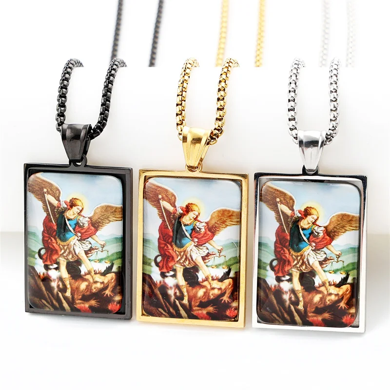 Miguel Arcanjo Archangel Michael Glass Stainless Steel Chain Necklace Men/Women Silver Color Jewelry Colar Masculino NBL46S03