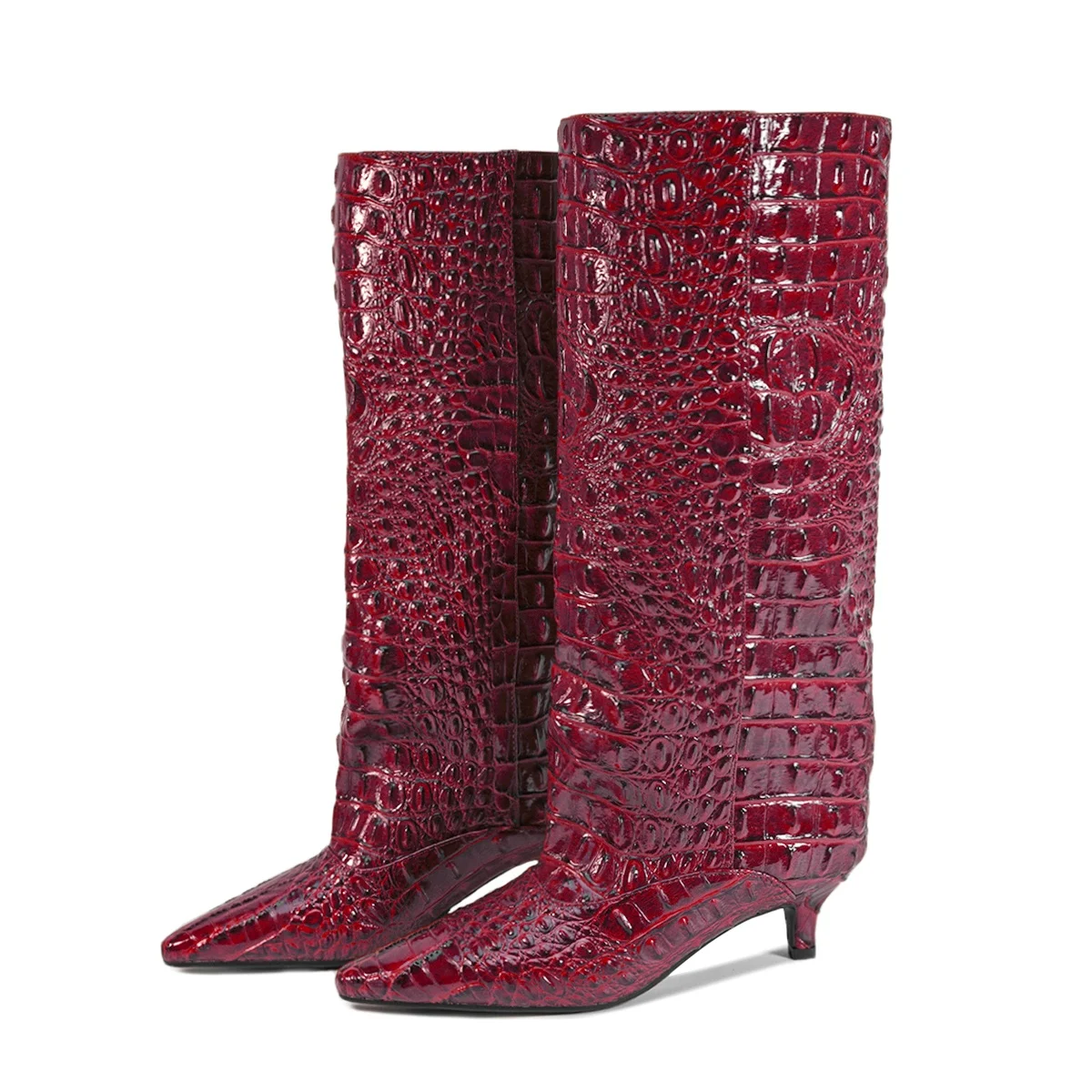 2026 Damen-Kniestiefel aus braunem Krokodilprägemuster-Leder, spitze Zehenpartie, Kitten-Heel, eleganter hoher Designer-Stiefel, bequeme Passform