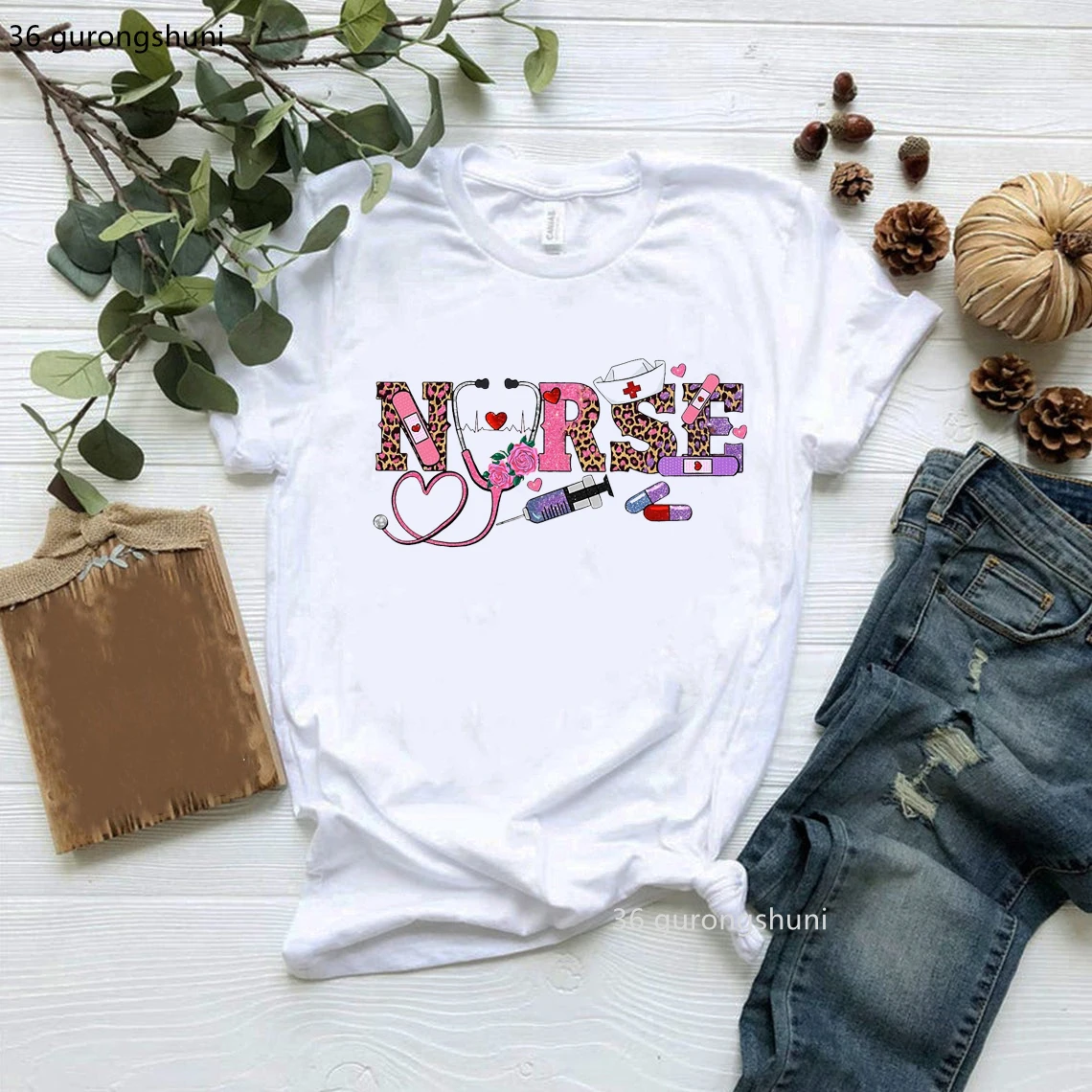 Leopard Nurse Nurselife Tshirt Love Nurse Coffee Rubber Gloves T-Shirt Women Clothes Female Clothing Short Sleeve 90s Tees Top