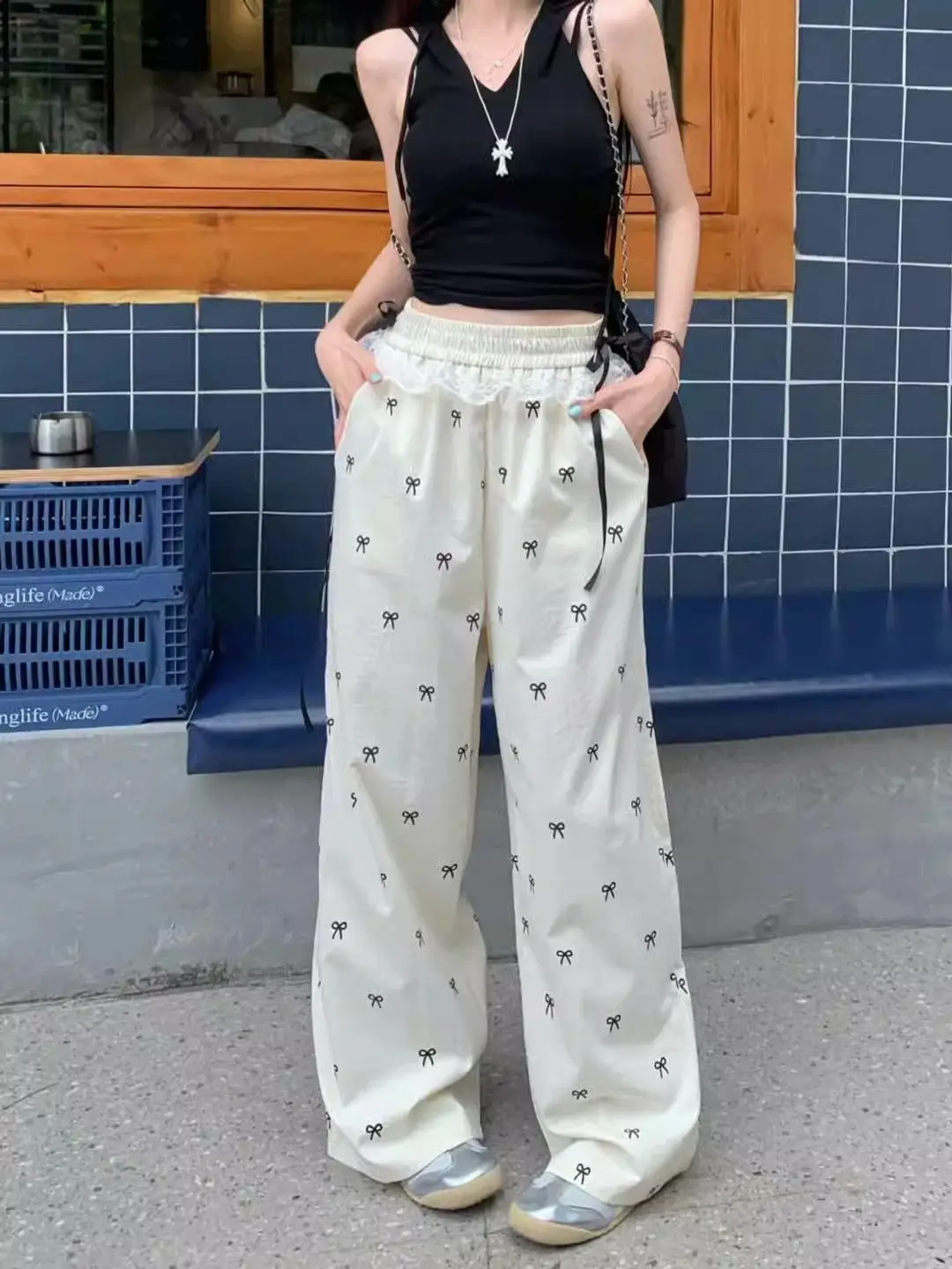 Sweet Sexy Lace Patchwork Casual Bows Pants Women,Summer Loose Elastic Waist Loose Straight Leg Pants