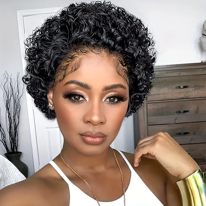 Chic Pixie Cut Wig For Women Loose Curly Water Wave Natural Black Human Hair