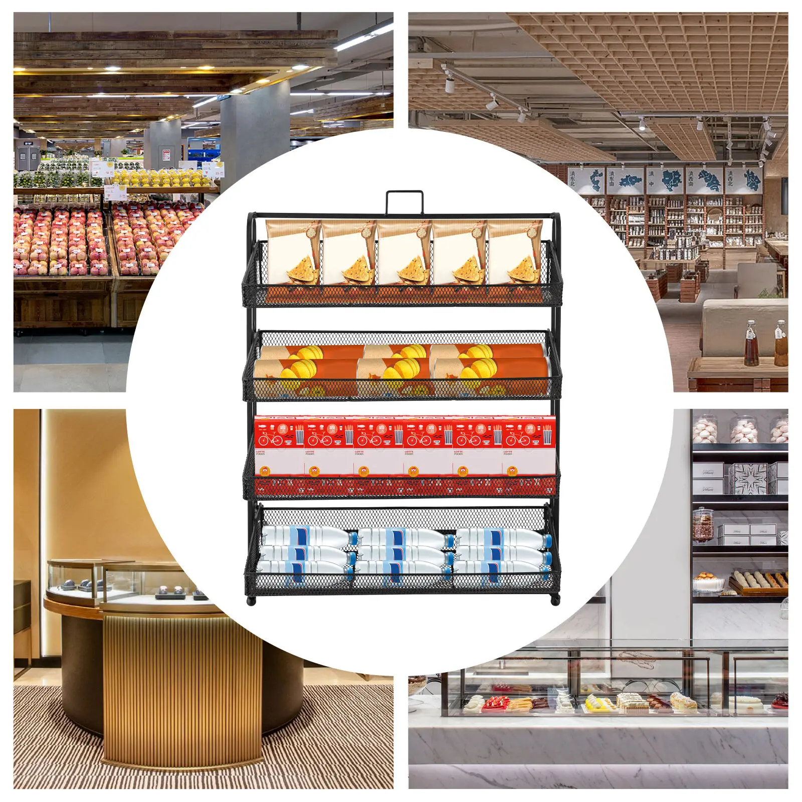 4 طبقات التجزئة الحلوى مستطيلة عداد البقالة وجبة خفيفة الرف متجر سوبر ماركت عرض الرف لكونترتوب الأسود #3