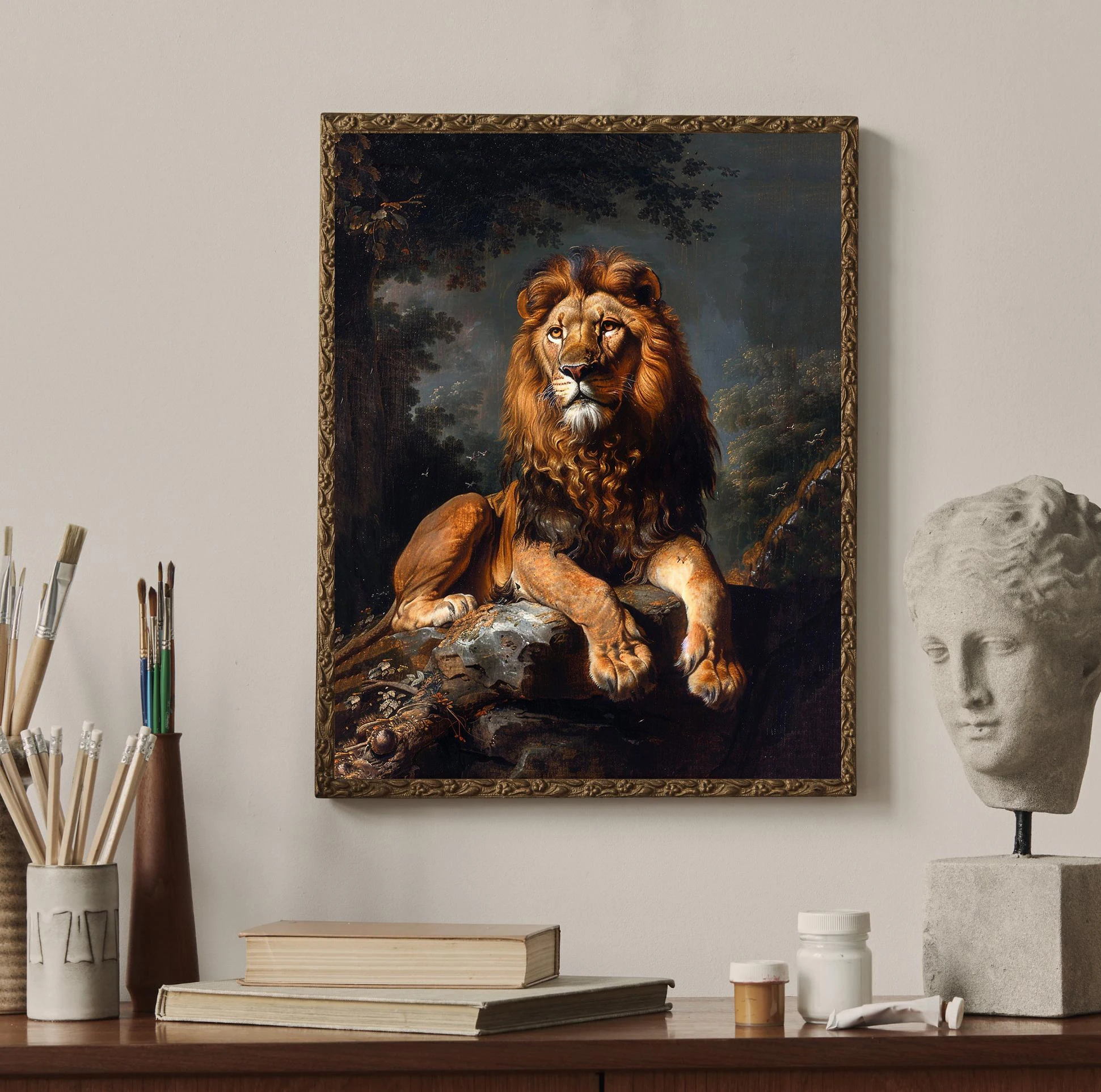 قماش اللوحة الغابات المظلمة الحياة البرية الثعلب الأسد الأسود البجعة الرجعية الملصقات يطبع جدار صورة فنية غرفة المعيشة ديكور المنزل جدار ديكور #3