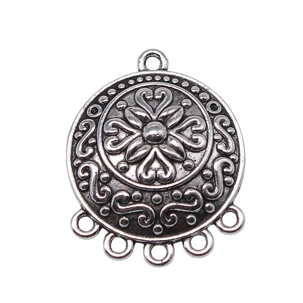 Connecteur de boucle d'oreille fleur sculptée ronde, breloques pour bijoux, pendentif exécutif, lot de 4 pièces