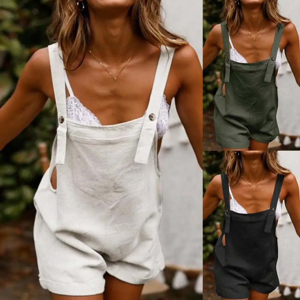 Women Summer Short Jumpsuits Sleeveless Elastic Loose Wide Leg Rompers With Large Pocket Homewear One Piece Outfit Clothes