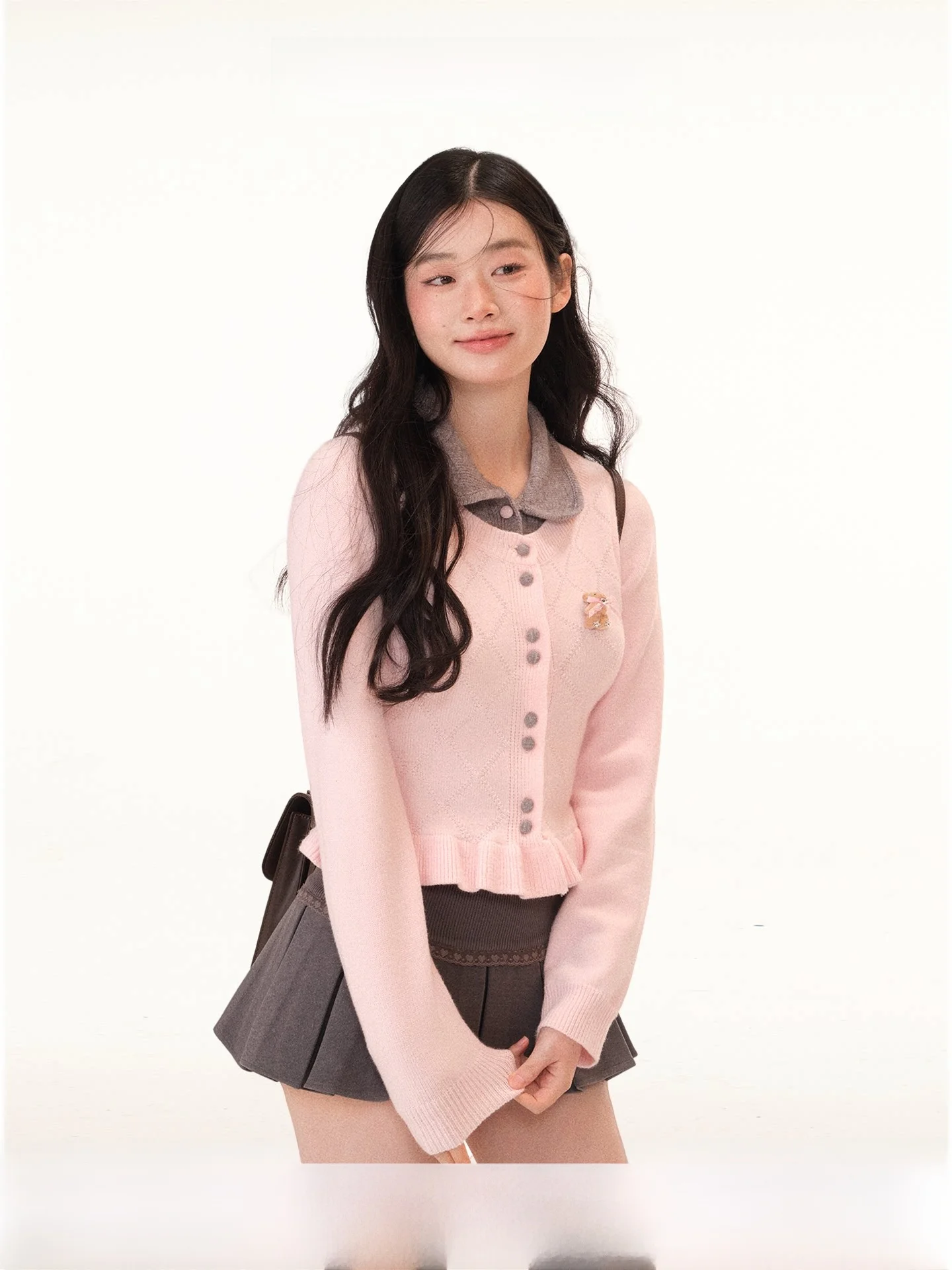 

Sweet Pear Daidai Spring Knitted Sweater Top Doll Collar Diamond Pattern Color Blo ort Sve Girls Faion Casual Wear