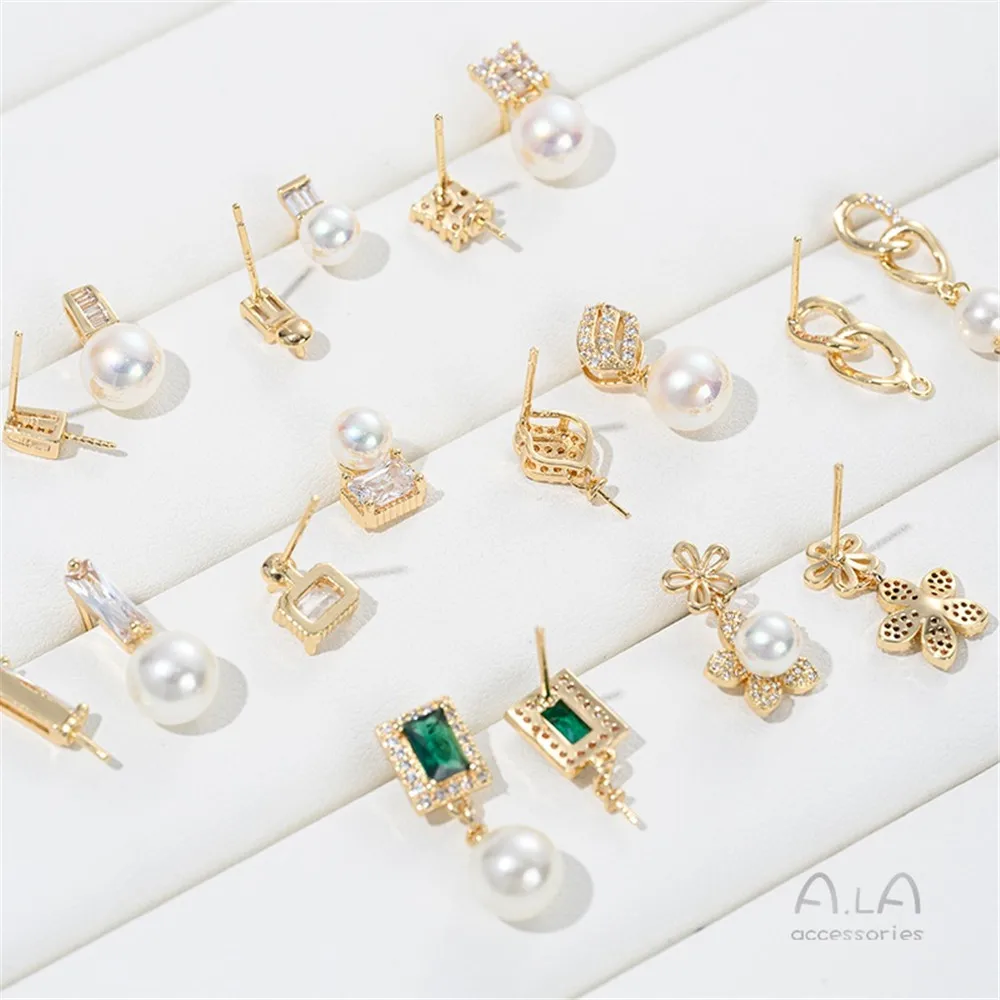 14K Gold-plating Zircon Square Rectangular Flower Bead Holder Needle Earrings DIY Sticky Pearl Ear Jewelry Accessories