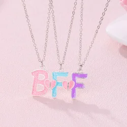 Lovecryst 3Pcs/set Colorful Glitter Pendant BFF Letter Magnetic Necklaces for 3 Kids Girls Friendship Children Jewelry Gifts